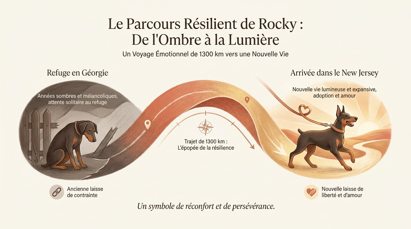 Rocky le Dobermann assis sagement après son adoption