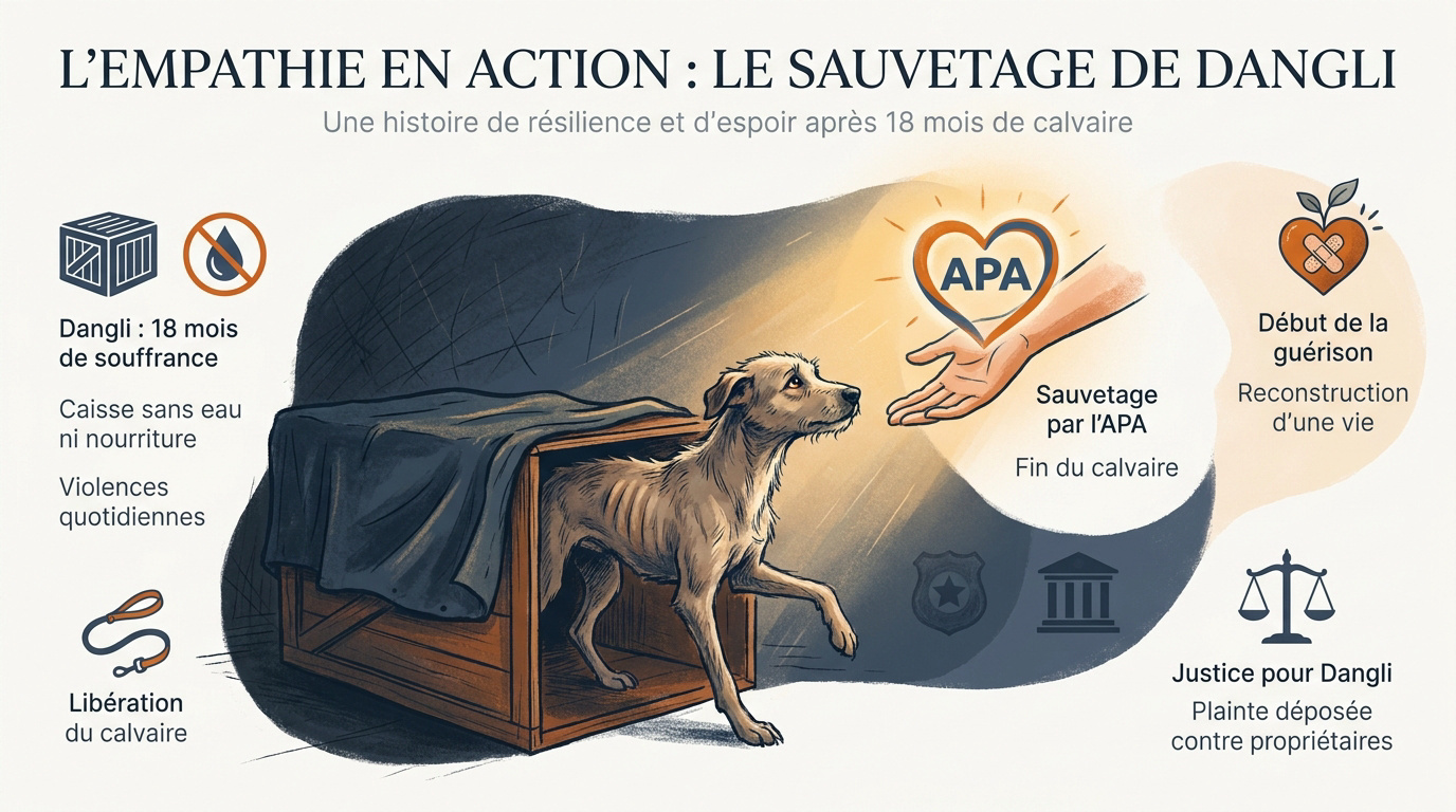 Dangli, jeune chien de 18 mois sauvé de maltraitances extrêmes par l'association APA