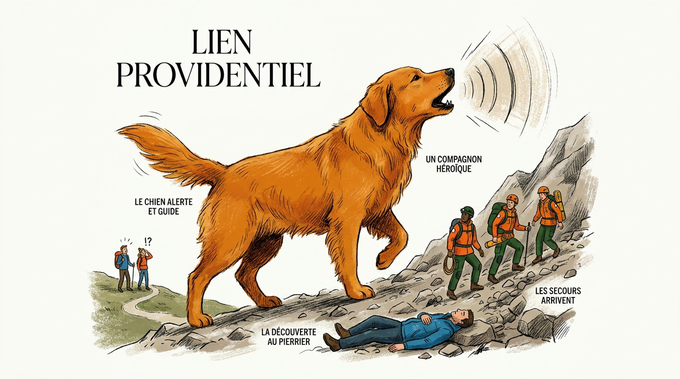 Chien de secours en montagne sur un terrain rocheux en Haute-Savoie