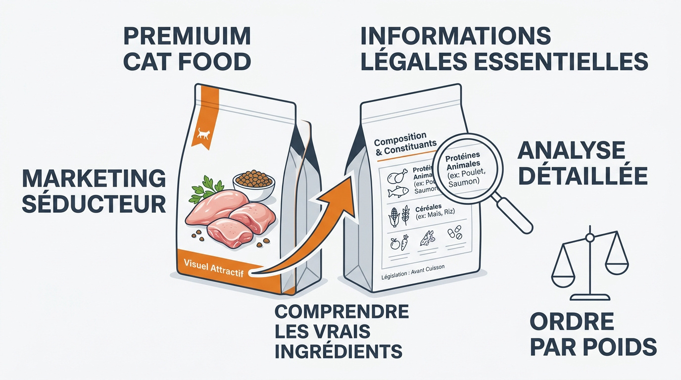 Comparaison entre le marketing visuel et les informations nutritionnelles réelles sur les étiquettes pour chat