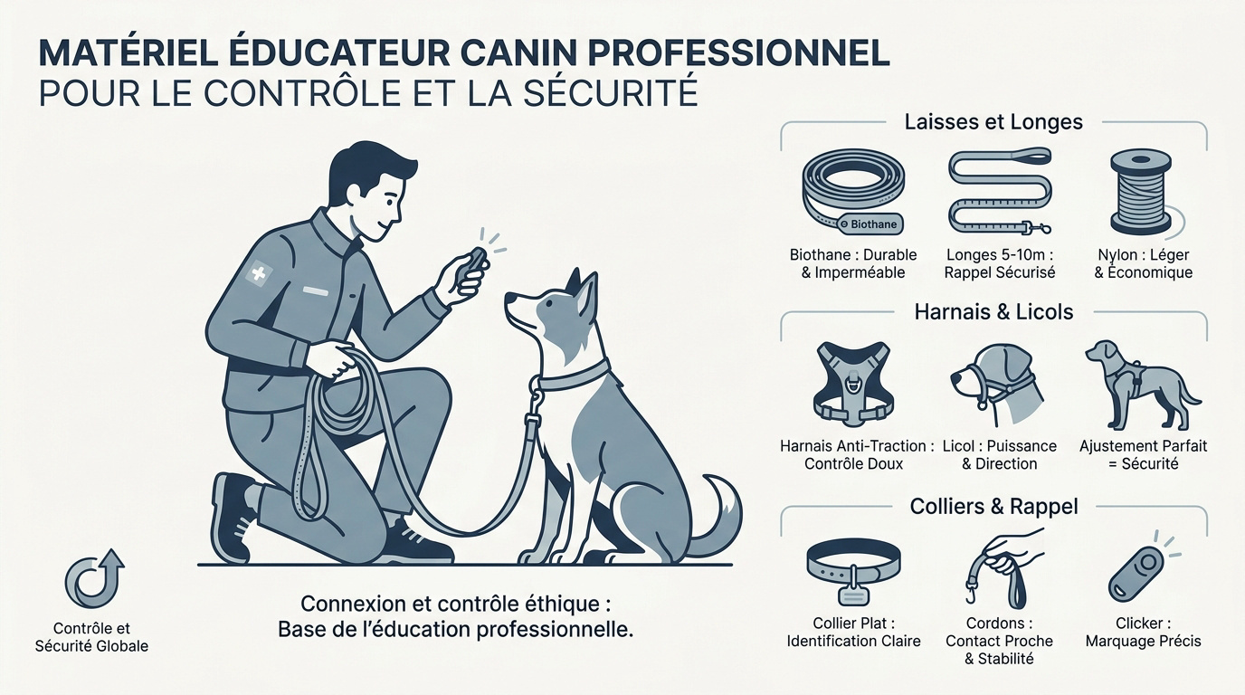 Matériel professionnel pour éducateur canin incluant laisses et harnais