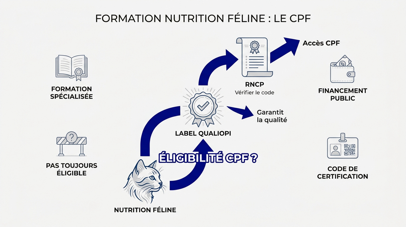 Schéma expliquant l'éligibilité au CPF pour les formations en nutrition féline et le label Qualiopi