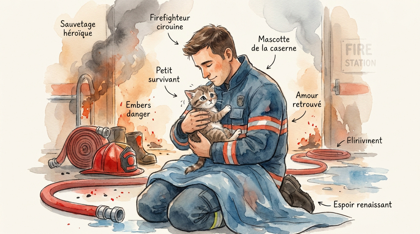 Pompier en tenue d'intervention tenant délicatement un chaton rescapé des flammes
