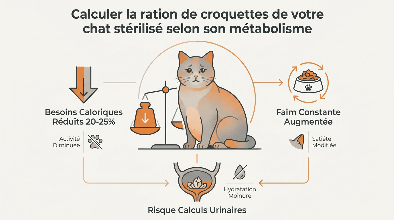Chat stérilisé devant sa gamelle de croquettes pesée avec précision