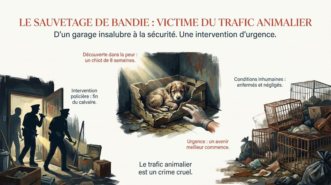 Chiot Bandie après son sauvetage d'un garage abandonné