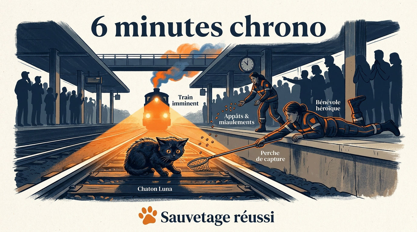 Sauvetage d'urgence du chaton Luna sur les voies ferrées avant l'arrivée du train