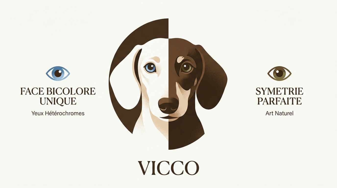 Teckel Vicco avec face bicolore blanche et marron et yeux vairons