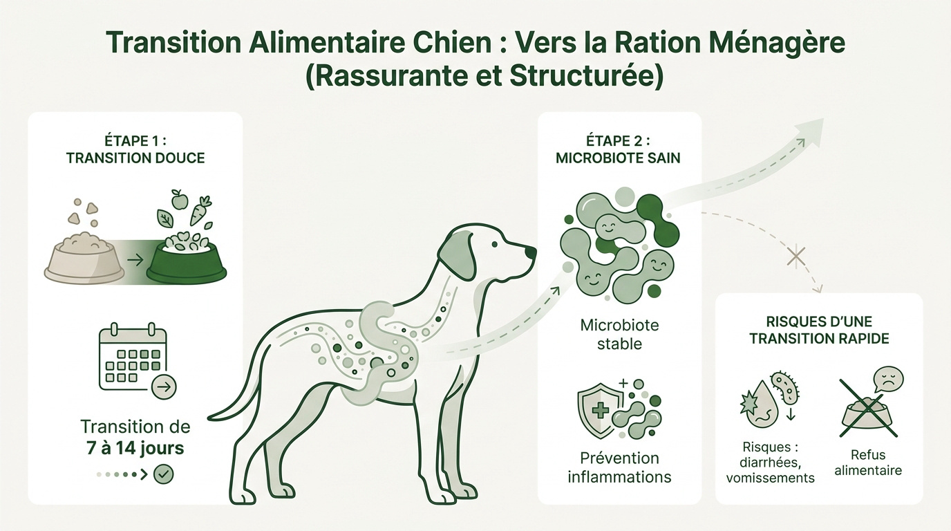 Guide visuel des étapes de transition alimentaire pour chien vers la ration ménagère