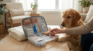 Un golden retriever regarde son propriétaire organiser une trousse de premiers secours vétérinaires sur une table basse.