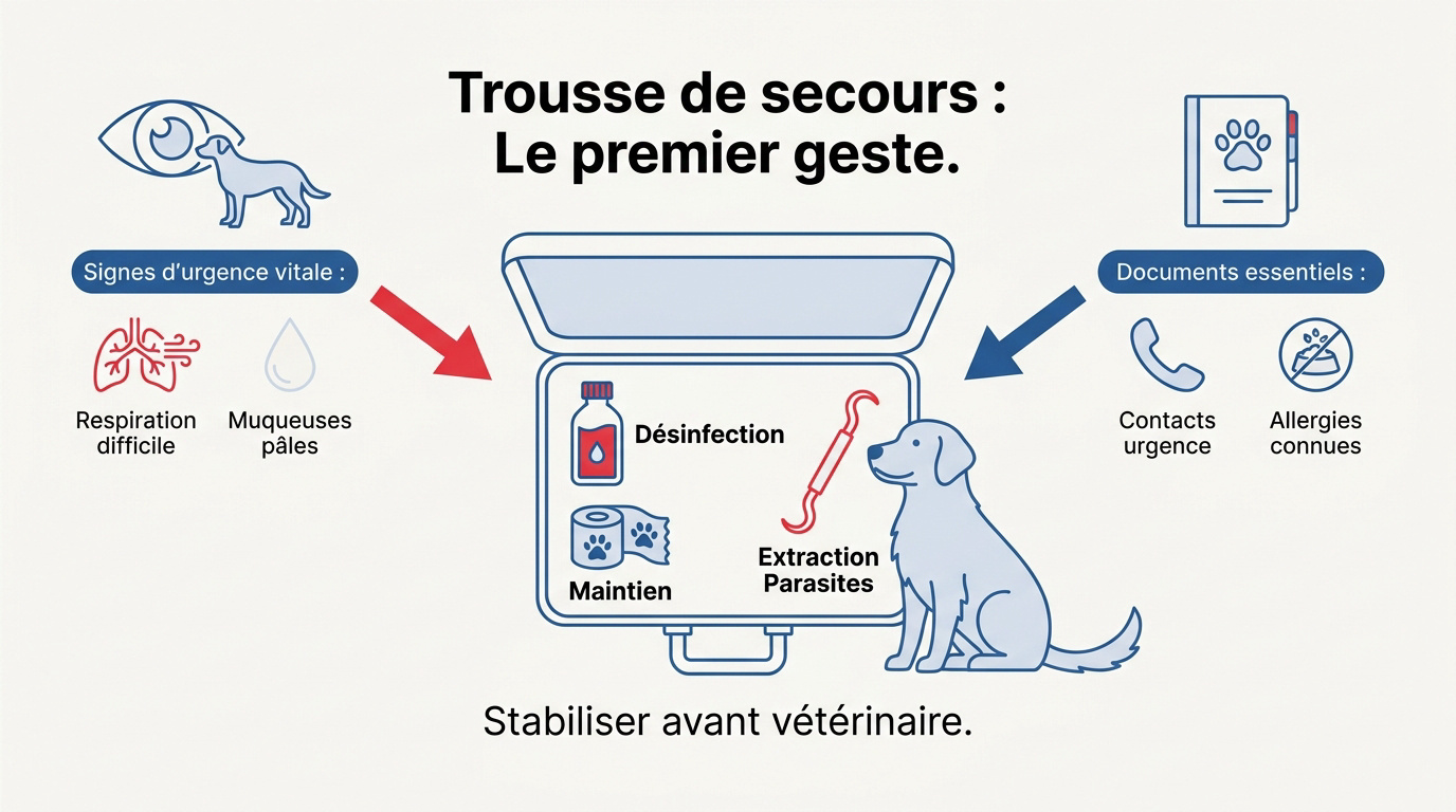 Contenu essentiel d'une trousse de secours pour chien avec pansements et désinfectant