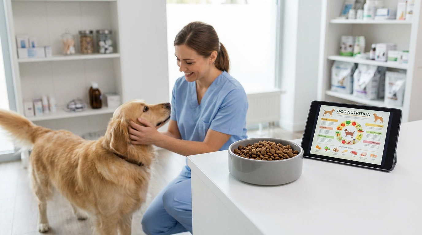Une auxiliaire vétérinaire caressant un chien près d'une tablette affichant un guide nutritionnel et un bol de croquettes.