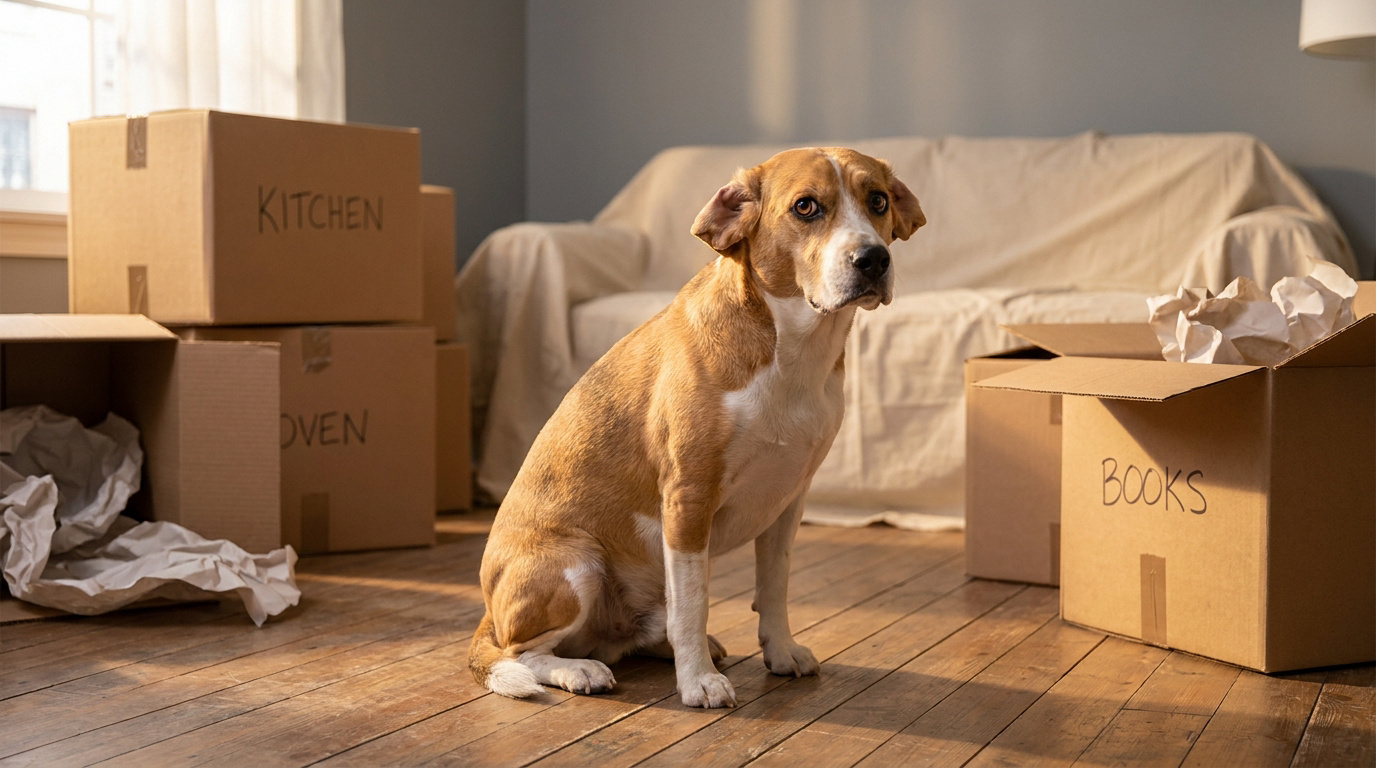 Un chien brun inquiet assis au milieu de cartons de déménagement dans un salon.