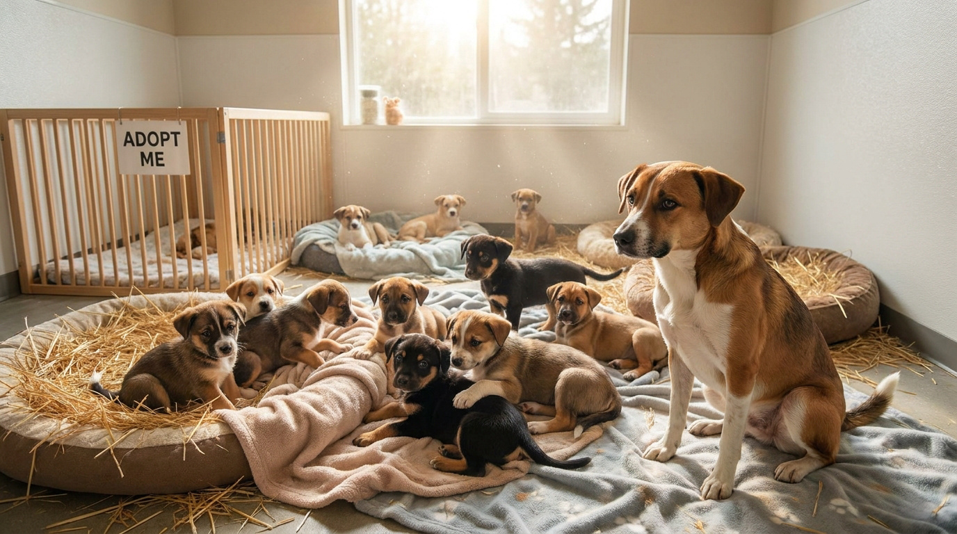 Une chienne adulte entourée de nombreux chiots sur des lits et de la paille dans un refuge avec une pancarte Adopt Me.