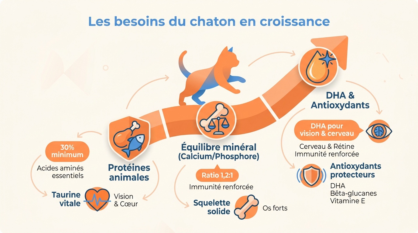 Chaton en pleine croissance consommant une alimentation riche en protéines et nutriments essentiels
