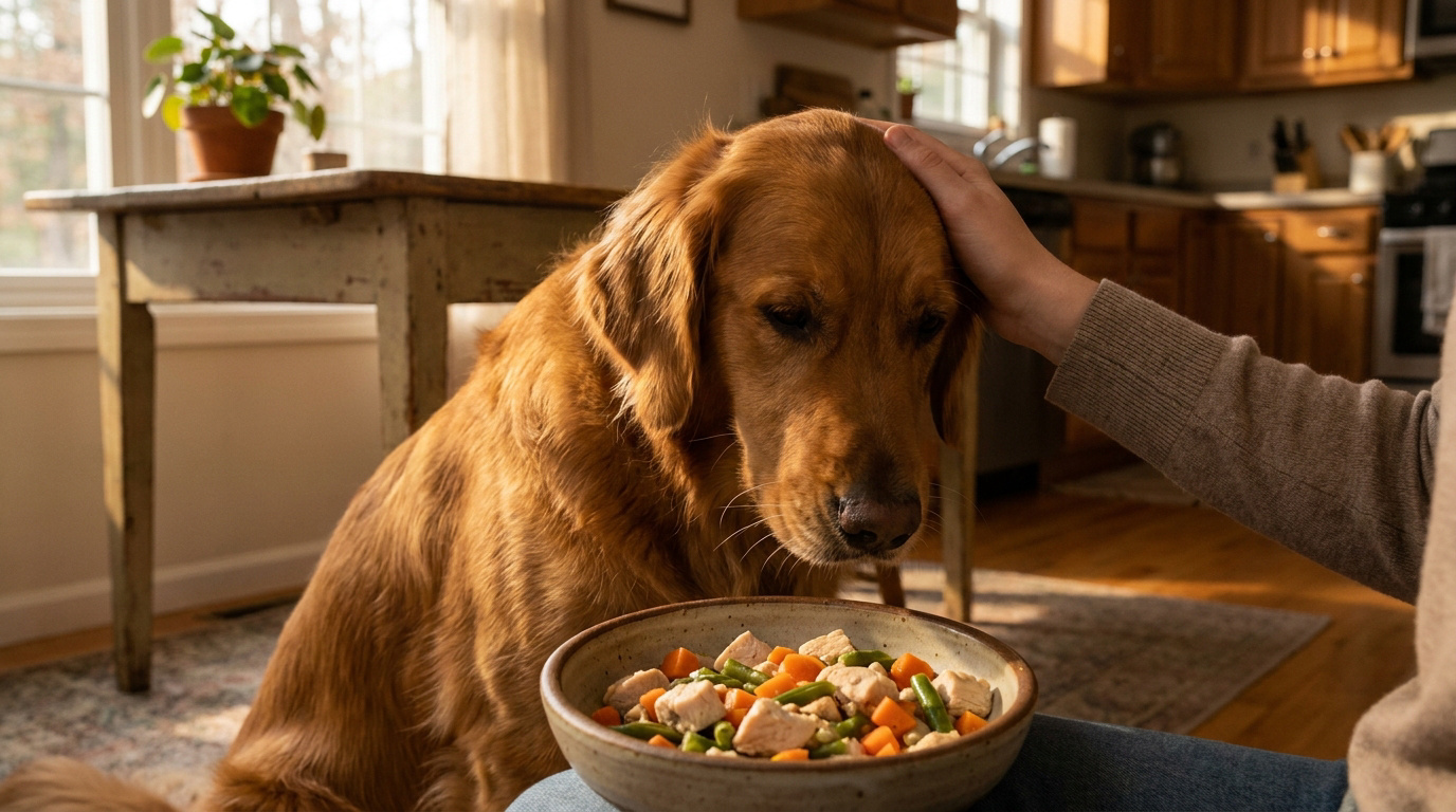 Un propriétaire caresse son golden retriever qui regarde son bol de nourriture maison saine.