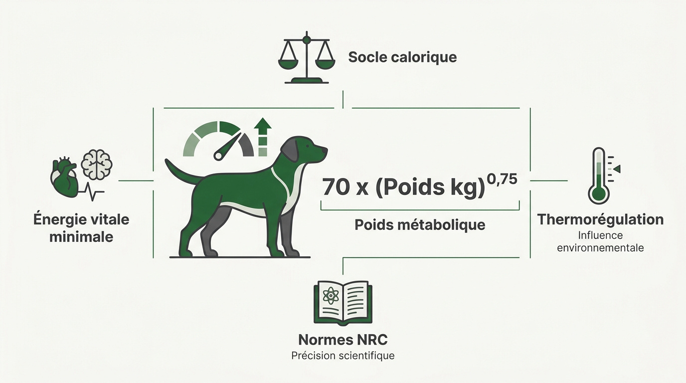 Graphique illustrant le calcul des besoins énergétiques et du poids métabolique chez le chien