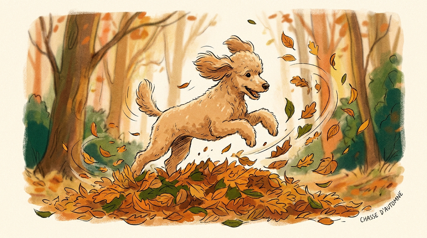 Petit caniche courant avec enthousiasme après des feuilles mortes sur une esplanade