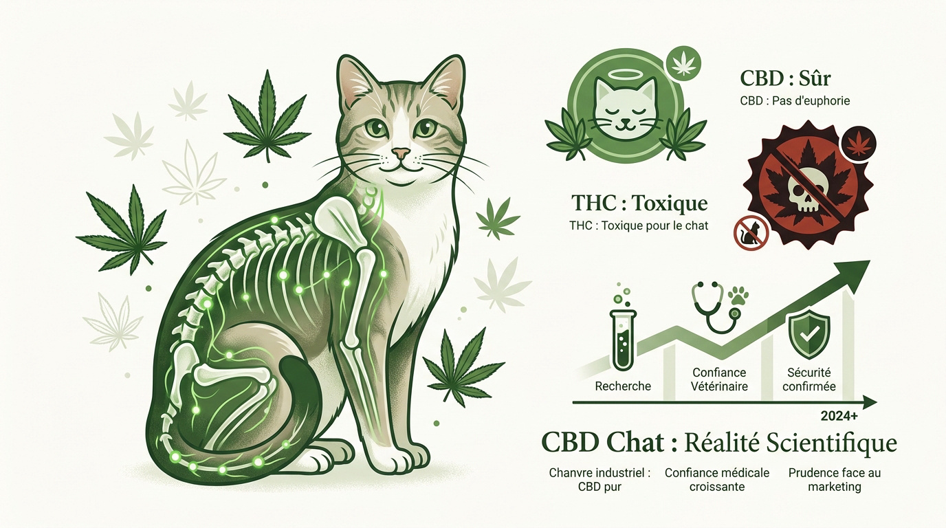 Flacon d'huile de CBD à côté d'un chat domestique illustrant la sécurité vétérinaire