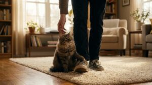 Un chat tigré pose sa patte sur le pied de son maître dans un salon chaleureux et ensoleillé.