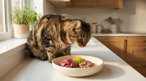 Un chat tigré assis sur un comptoir de cuisine, observant un bol contenant de la viande crue, des carottes et des pois.