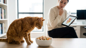 Une femme examine une tablette à côté d'un chat roux qui regarde un bol de nourriture fraîche sur une table.