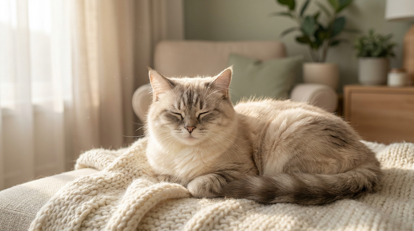 Un chat aux yeux fermés se repose paisiblement sur une couverture en laine claire dans un salon lumineux.
