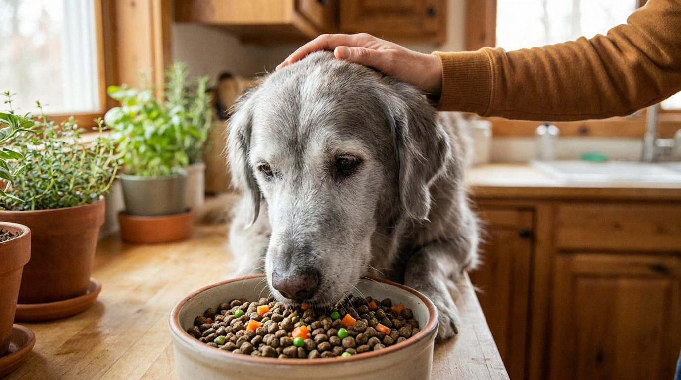 Un chien âgé grisonnant mange dans une gamelle sous la main d'un maître dans une cuisine lumineuse.