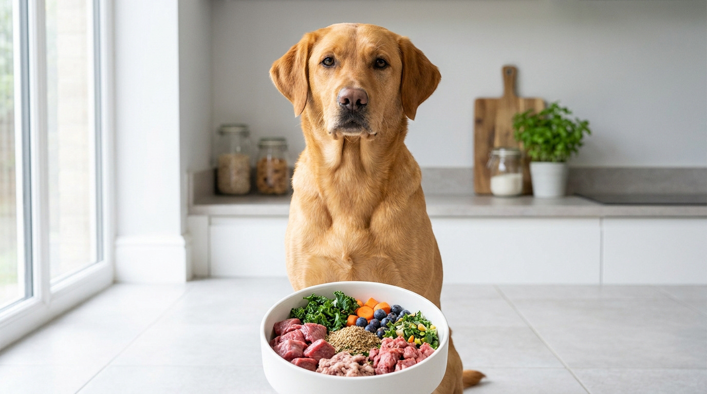 Un chien Labrador roux assis dans une cuisine devant un bol contenant de la viande crue, des légumes et des fruits.