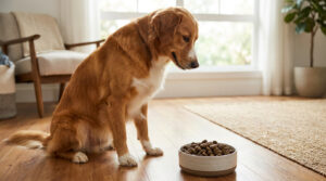 Un chien au pelage roux assis devant un bol de croquettes dans un salon lumineux.