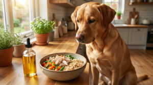 Un chien de type Labrador regarde une gamelle de ration ménagère avec une fiole d'huile de poisson sur un comptoir de cuisine.