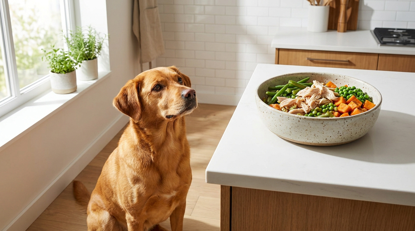 Un chien golden retriever assis dans une cuisine, regardant un bol sain avec du poulet et des légumes sur le comptoir.