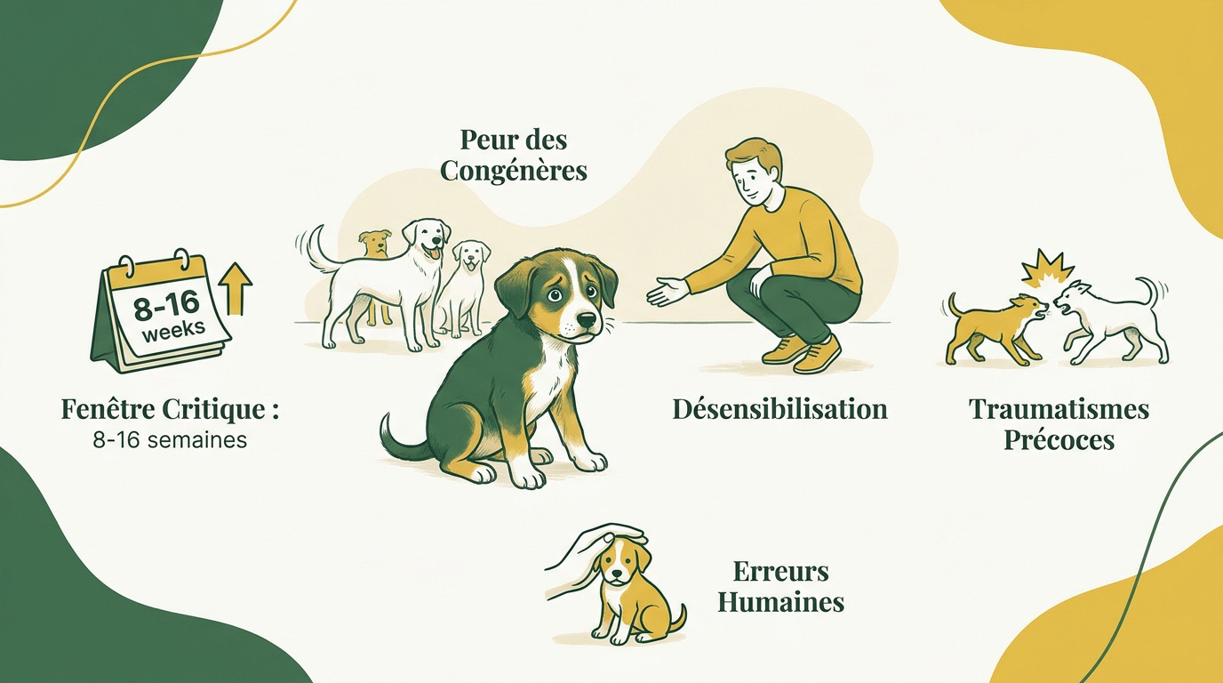 Chiot craintif observant un autre chien à distance pour illustrer la peur des congénères