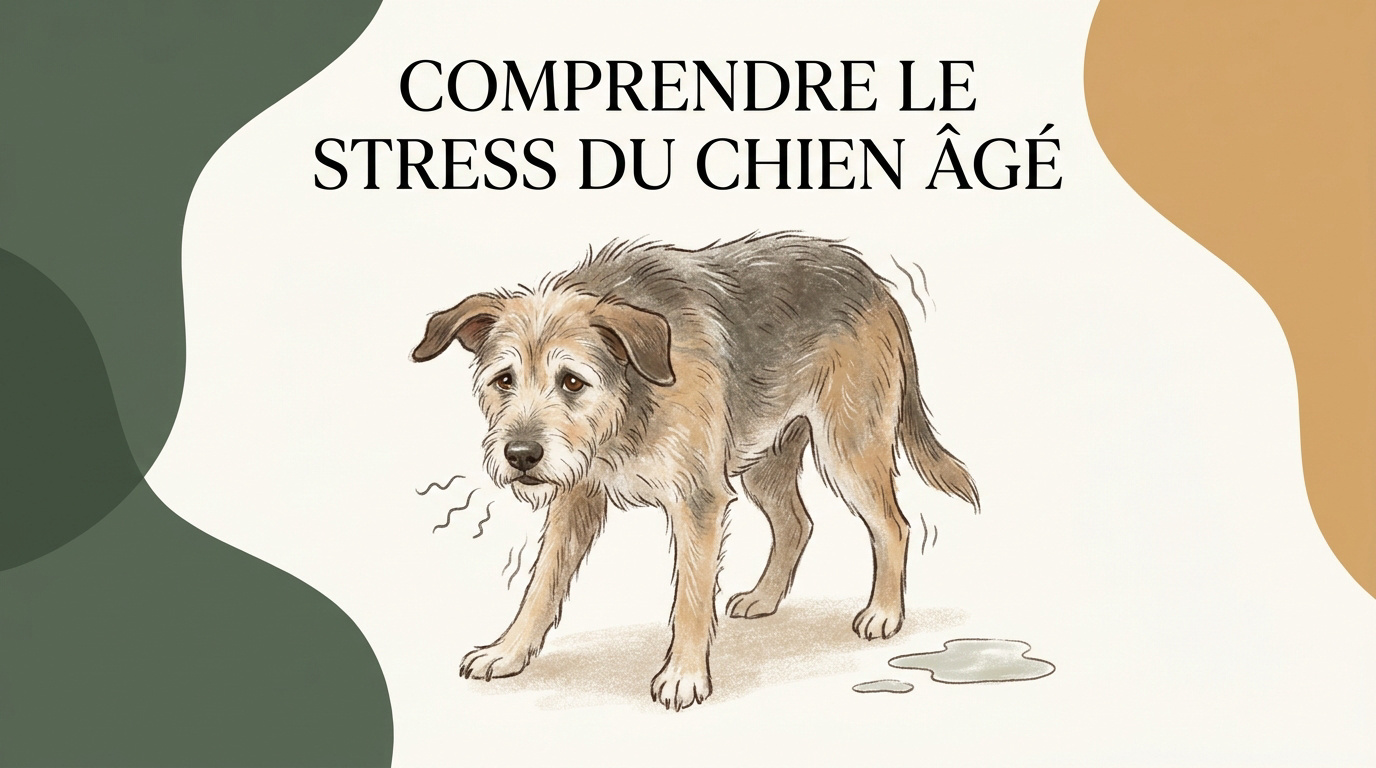 Chien âgé montrant des signes d'anxiété et de fatigue sur son panier