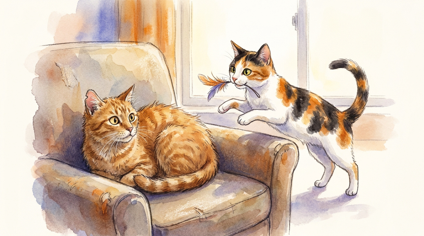 Cheese le chat roux et Crystal la chatte grise se reposant ensemble après leur adoption