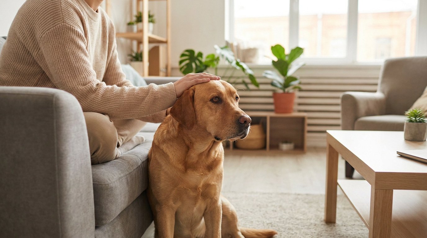 Une personne caresse un labrador calme assis sur un canapé dans un salon lumineux.