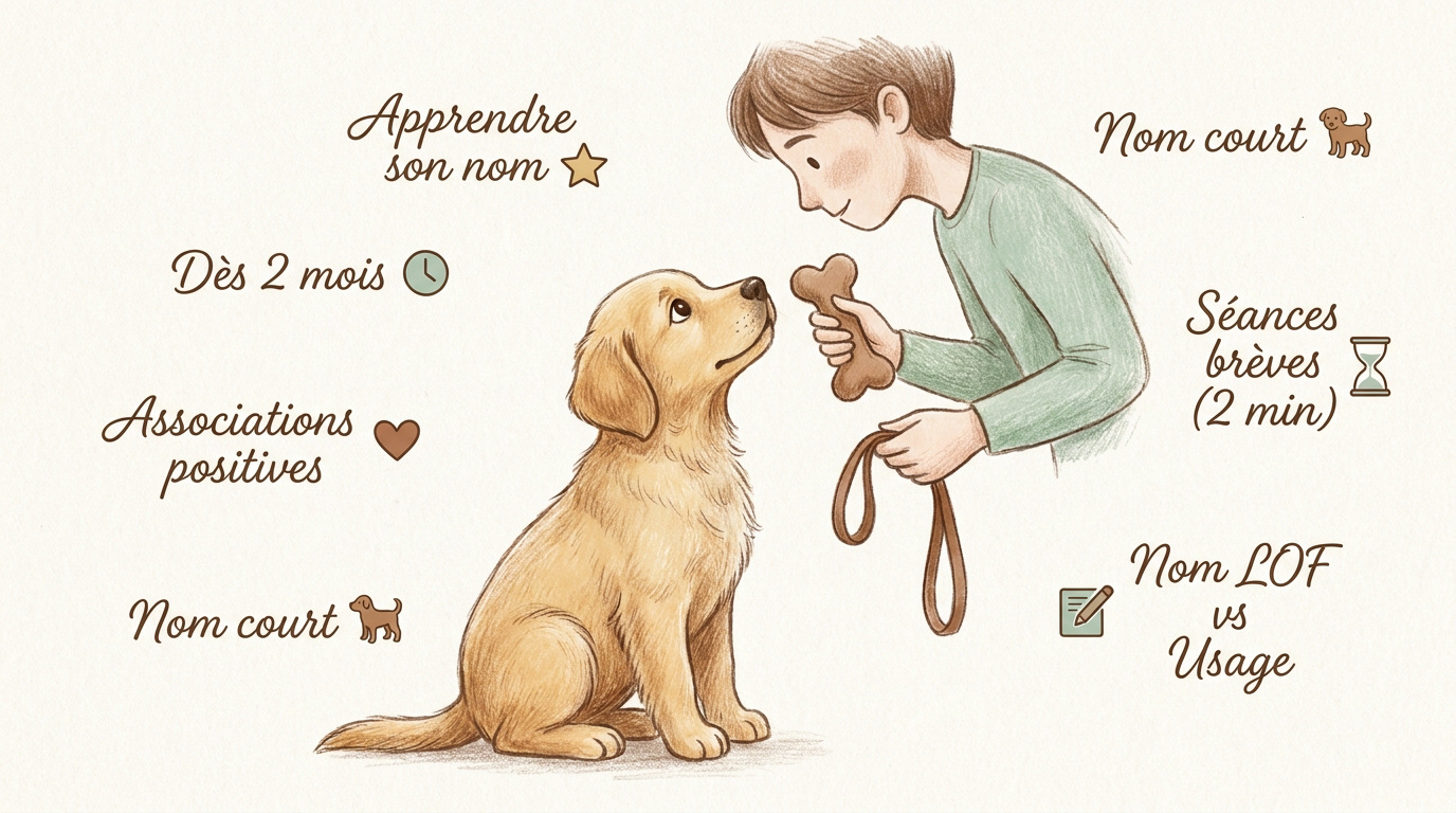 Chiot en plein apprentissage de son nom avec son propriétaire dans un jardin calme