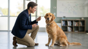 Un éducateur canin sourit en donnant une friandise à un golden retriever dans un centre de formation professionnel.
