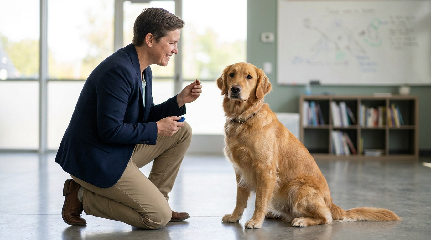Un éducateur canin sourit en donnant une friandise à un golden retriever dans un centre de formation professionnel.