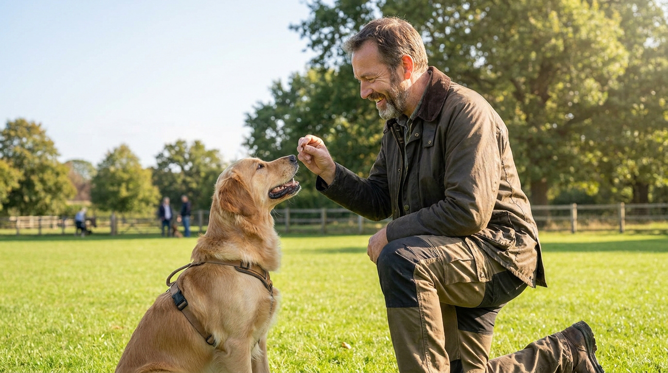 Un éducateur canin souriant agenouillé dans un champ, offrant une friandise à un golden retriever attentif.