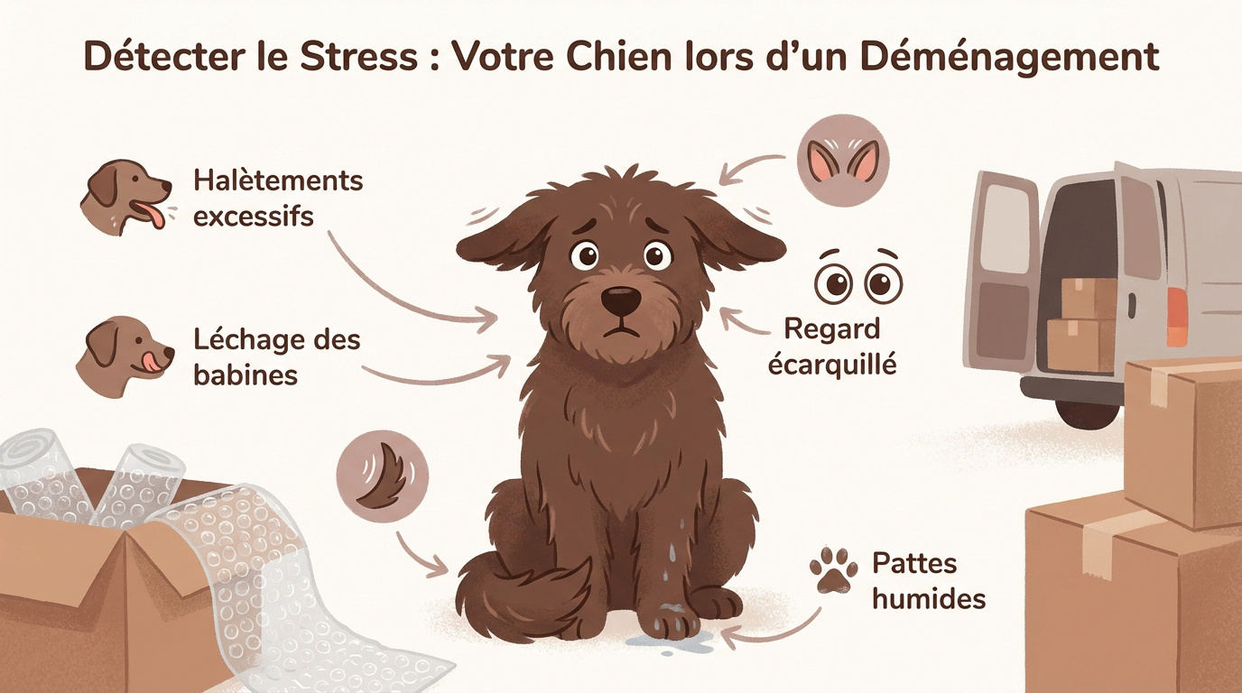 Chien montrant des signes de stress devant des cartons de déménagement
