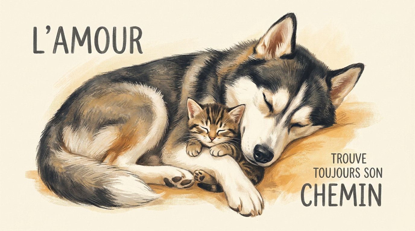 Chaton tabby Rosie et sa maman de substitution le Husky Lilo dormant ensemble