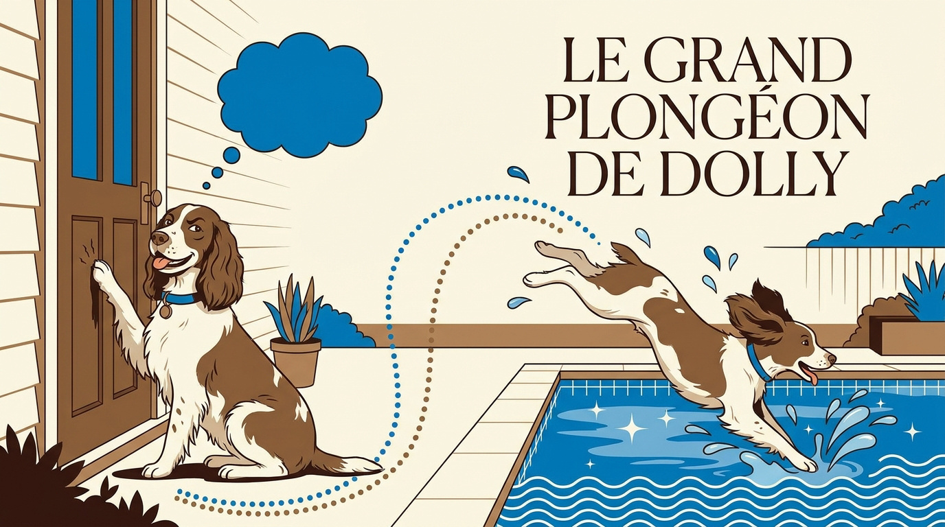Dolly le Springer Anglais s'apprêtant à sauter dans la piscine familiale après sa ruse