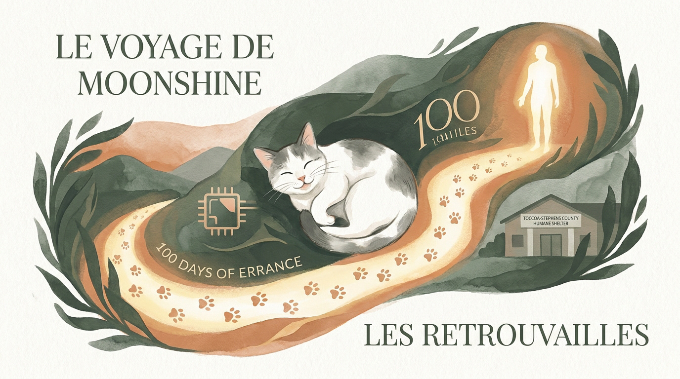 Le chat Moonshine blanc et gris après ses retrouvailles au refuge de Toccoa