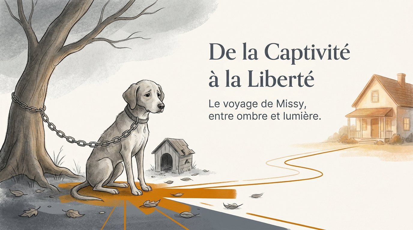 Missy la chienne sauvée découvrant la liberté après trois ans d'enchaînement