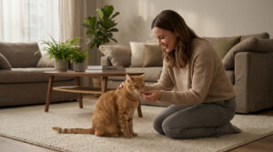 Une femme souriante à genoux sur un tapis caresse et donne une friandise à son chat roux dans un salon lumineux.