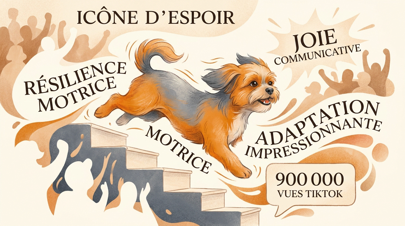 Noel la chienne croisée Shih-Tzu et Yorkshire Terrier amputée des pattes avant se tenant debout