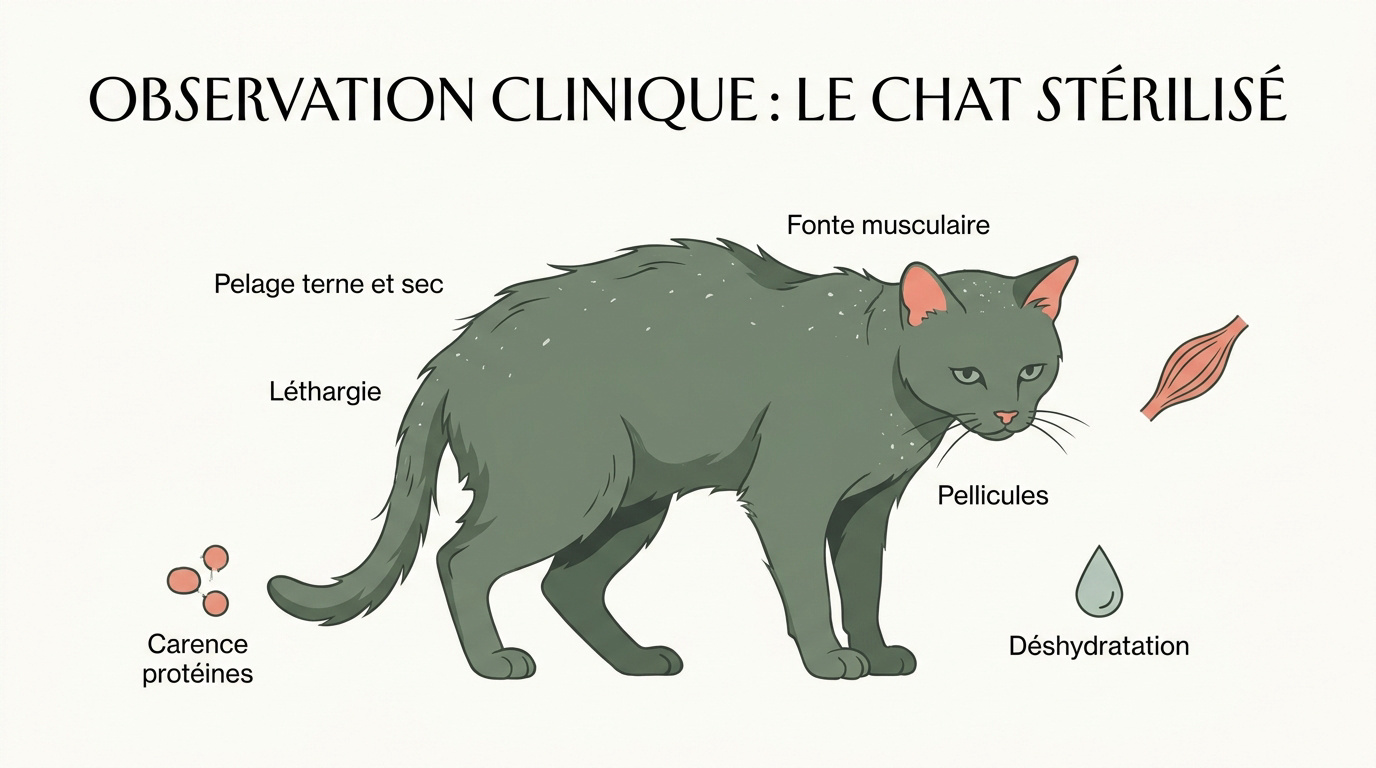 Examen clinique d'un chat stérilisé pour détecter des signes de carences alimentaires