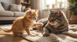 Un petit chaton roux joue doucement avec un chat tigré adulte couché sur un tapis douillet dans un salon lumineux.