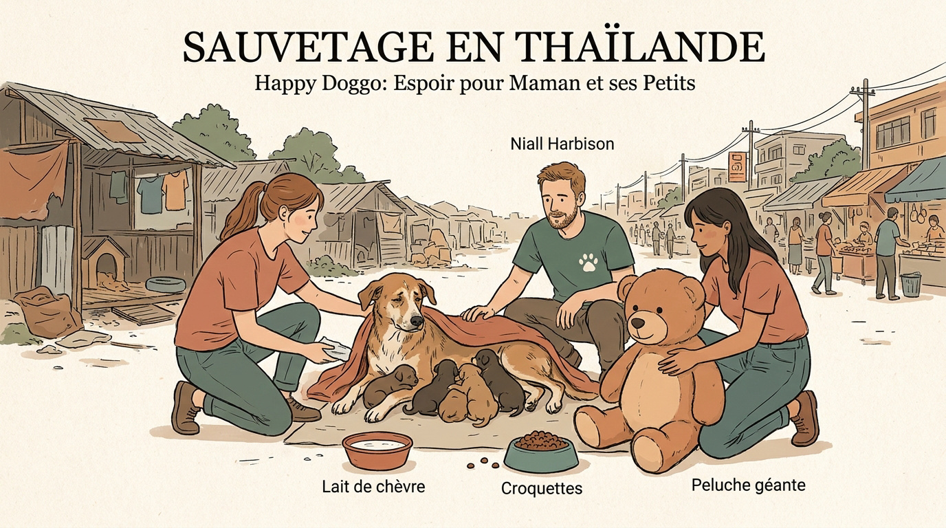 Bénévoles de l'association Happy Doggo apportant des soins et de la nourriture à des chiots en Thaïlande
