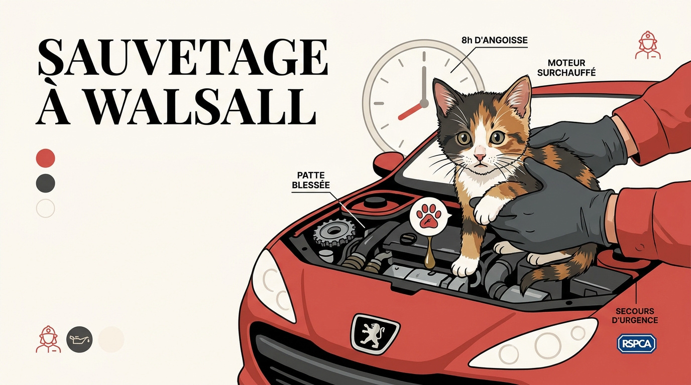 Sauvetage d'un chaton tricolore coincé dans le compartiment moteur d'une voiture rouge